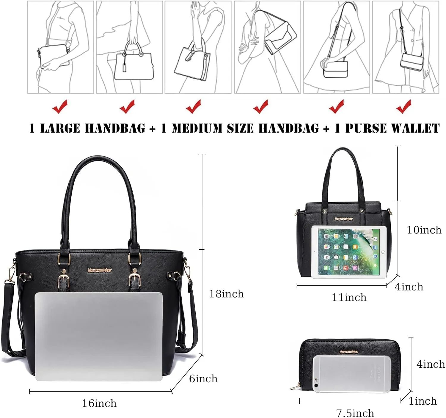 Montana West 3PCS Purses for Women Tote Bag and Wallet Set Shoulder Satchel Handbags