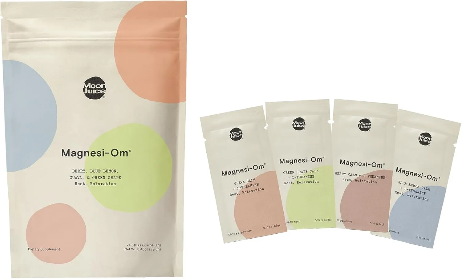 Moon Juice Tutti Frutti Magnesi-Om Variety Pack | Magnesium   L-Theanine | for Natural Calm   Regularity | Magnesium Citrate | Sugar Free | Guava, Green Grape, Blue Lemon, Berry | (24 Sticks)