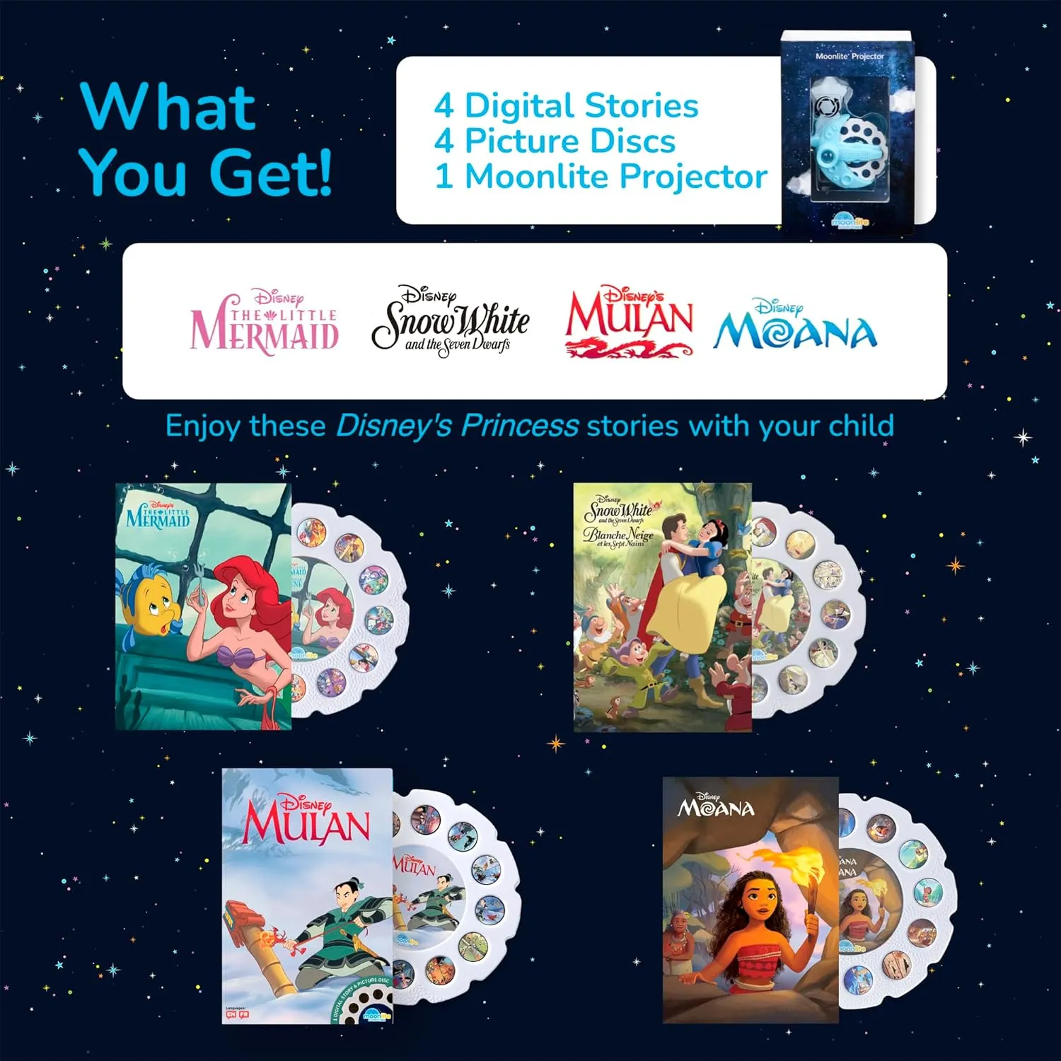 Moonlite Mini Projector with 4 Disney Princess Stories Edition - A New Way to Read Stories Together - 4 Digital Stories with Light Projector - Disney Princess Toys and Gifts for Kids Ages 1 and Up