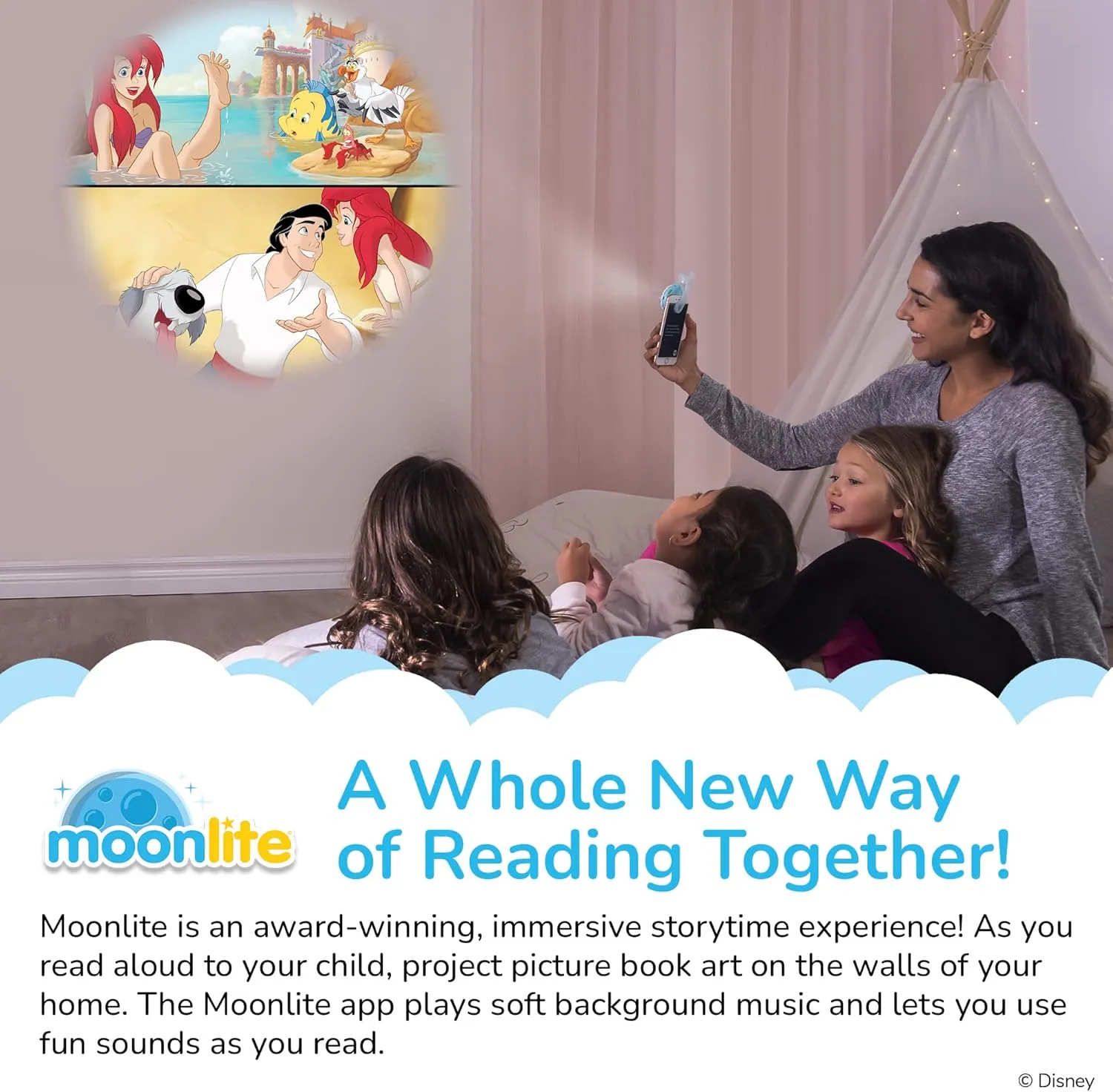 Moonlite Mini Projector with 4 Disney Princess Stories Edition - A New Way to Read Stories Together - 4 Digital Stories with Light Projector - Disney Princess Toys and Gifts for Kids Ages 1 and Up