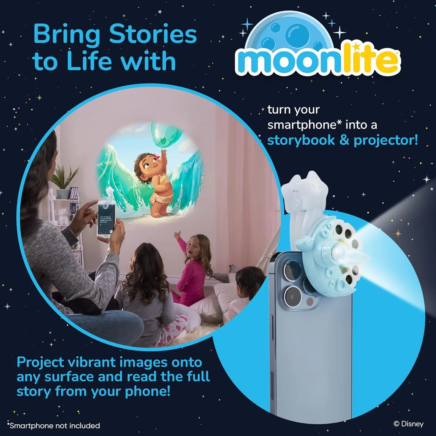 Moonlite Mini Projector with 4 Disney Princess Stories Edition - A New Way to Read Stories Together - 4 Digital Stories with Light Projector - Disney Princess Toys and Gifts for Kids Ages 1 and Up