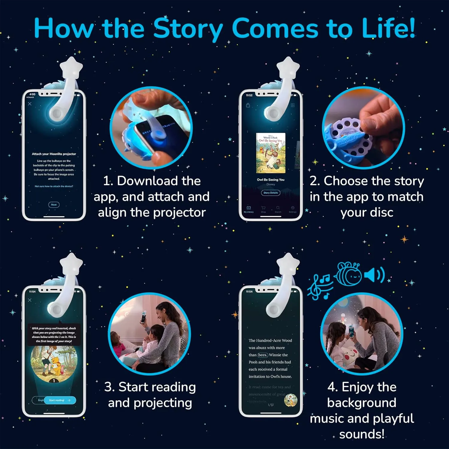 Moonlite Mini Projector with 4 Disney Princess Stories Edition - A New Way to Read Stories Together - 4 Digital Stories with Light Projector - Disney Princess Toys and Gifts for Kids Ages 1 and Up
