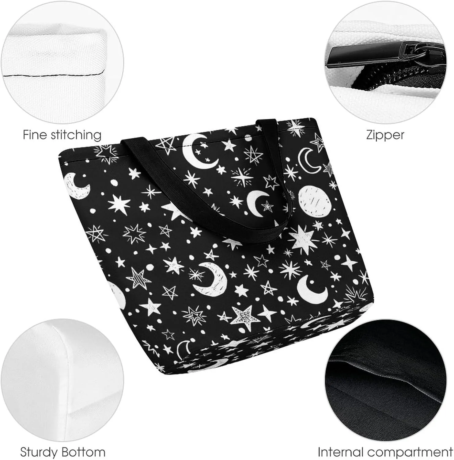 Moons-Stars-Black-White Tote Bags Handbags for Women Fashion Shoulder Bags Shoulder Handbag.