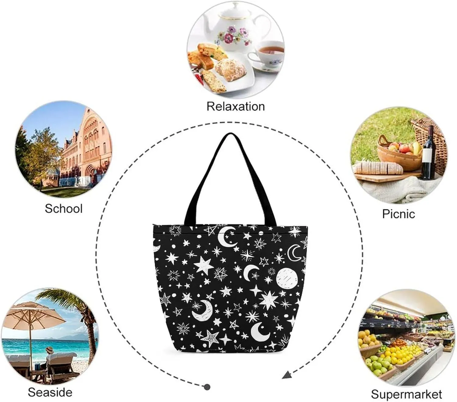 Moons-Stars-Black-White Tote Bags Handbags for Women Fashion Shoulder Bags Shoulder Handbag.