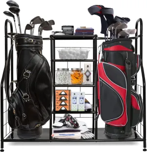 Morvat Golf Storage Bag Organizer, Fits Two Golf Bags, Metal Durable Rack Stand for Golfing Equipment, Golf Balls & Accessories, for Home, Garage, Basement, Shed (Style 1)