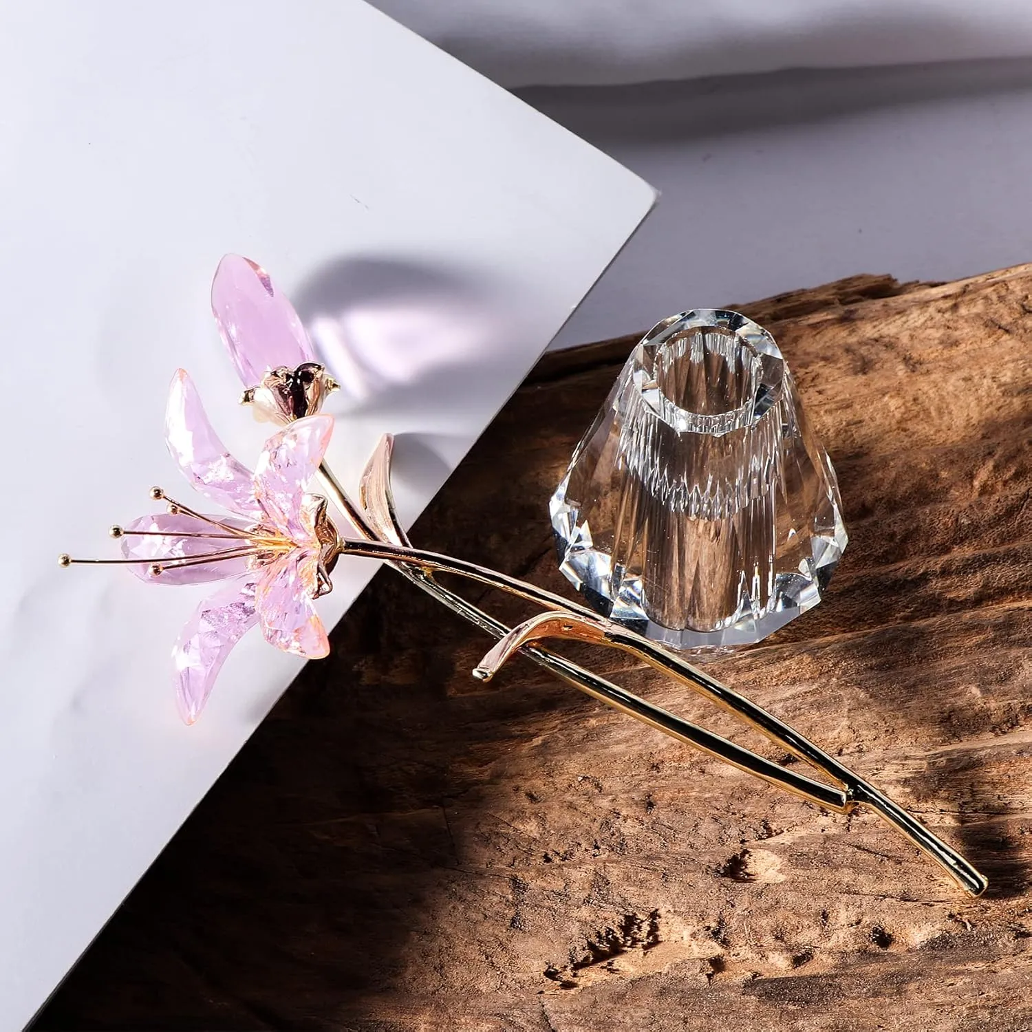 Movdyka Crystal Lily Flower Figurine with Stems, Handmade Collectible Statue for Decoration Mothers Day, Centerpiece, Bridal Shower Gift Pink