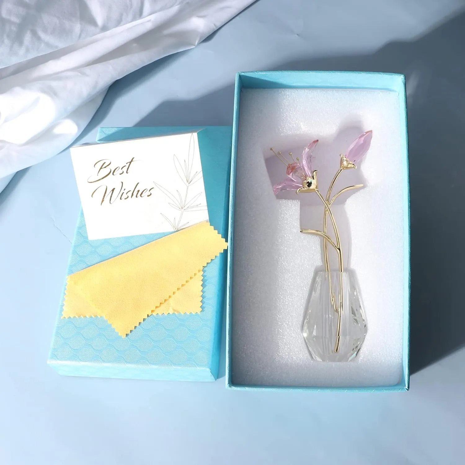 Movdyka Crystal Lily Flower Figurine with Stems, Handmade Collectible Statue for Decoration Mothers Day, Centerpiece, Bridal Shower Gift Pink