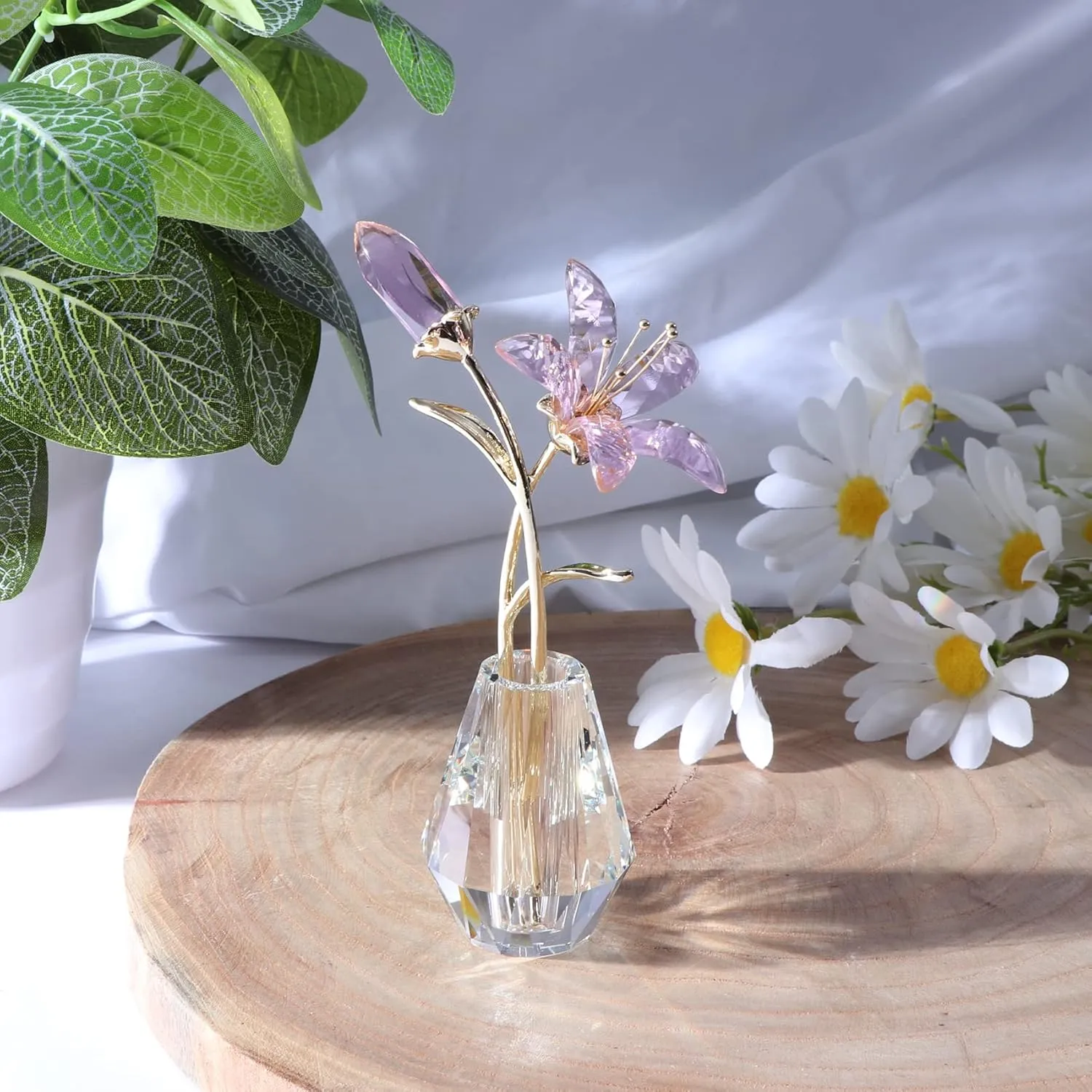 Movdyka Crystal Lily Flower Figurine with Stems, Handmade Collectible Statue for Decoration Mothers Day, Centerpiece, Bridal Shower Gift Pink