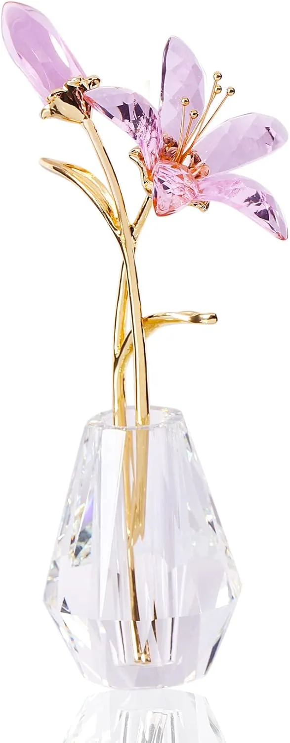 Movdyka Crystal Lily Flower Figurine with Stems, Handmade Collectible Statue for Decoration Mothers Day, Centerpiece, Bridal Shower Gift Pink