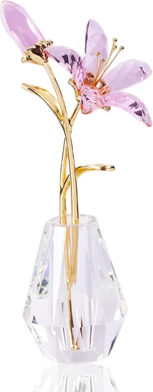 Movdyka Crystal Lily Flower Figurine with Stems, Handmade Collectible Statue for Decoration Mothers Day, Centerpiece, Bridal Shower Gift Pink