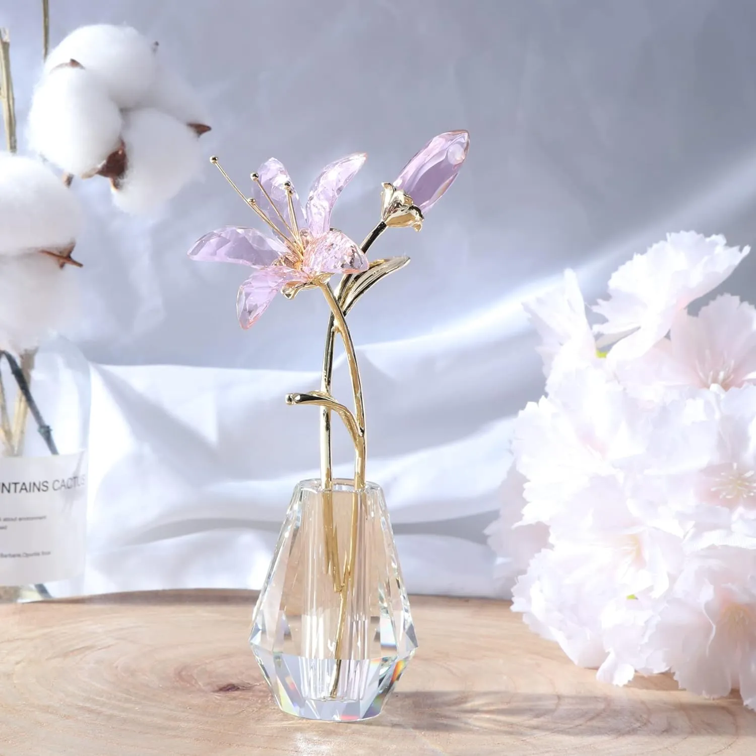 Movdyka Crystal Lily Flower Figurine with Stems, Handmade Collectible Statue for Decoration Mothers Day, Centerpiece, Bridal Shower Gift Pink