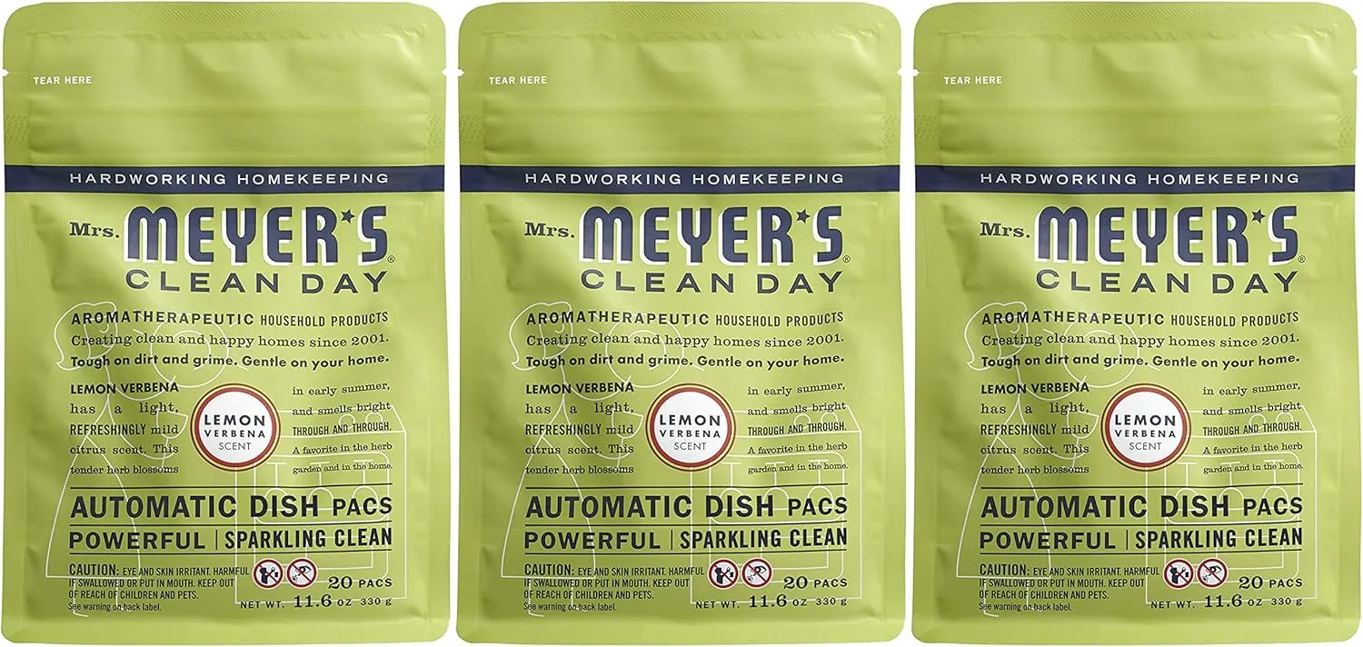 MRS. MEYER'S CLEAN DAY Automatic Dishwasher Pods, Lemon Verbena, 20 Count - Pack of 3 (60 Total Pods)