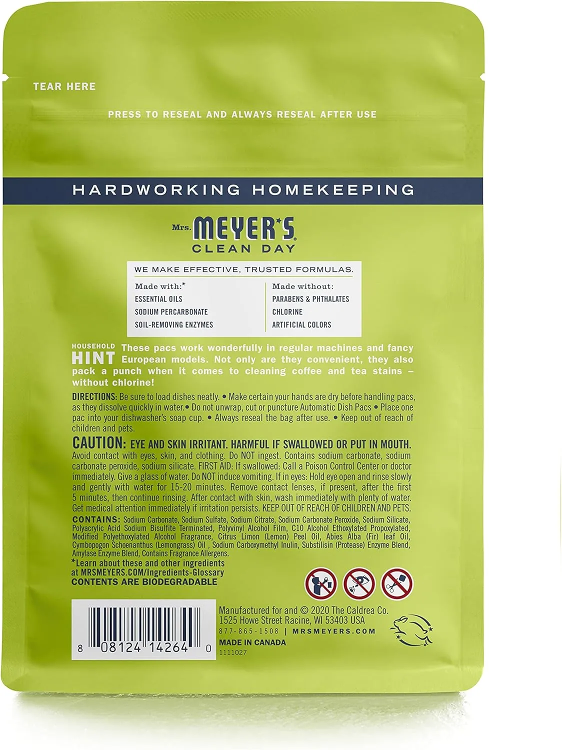 MRS. MEYER'S CLEAN DAY Automatic Dishwasher Pods, Lemon Verbena, 20 Count - Pack of 3 (60 Total Pods)