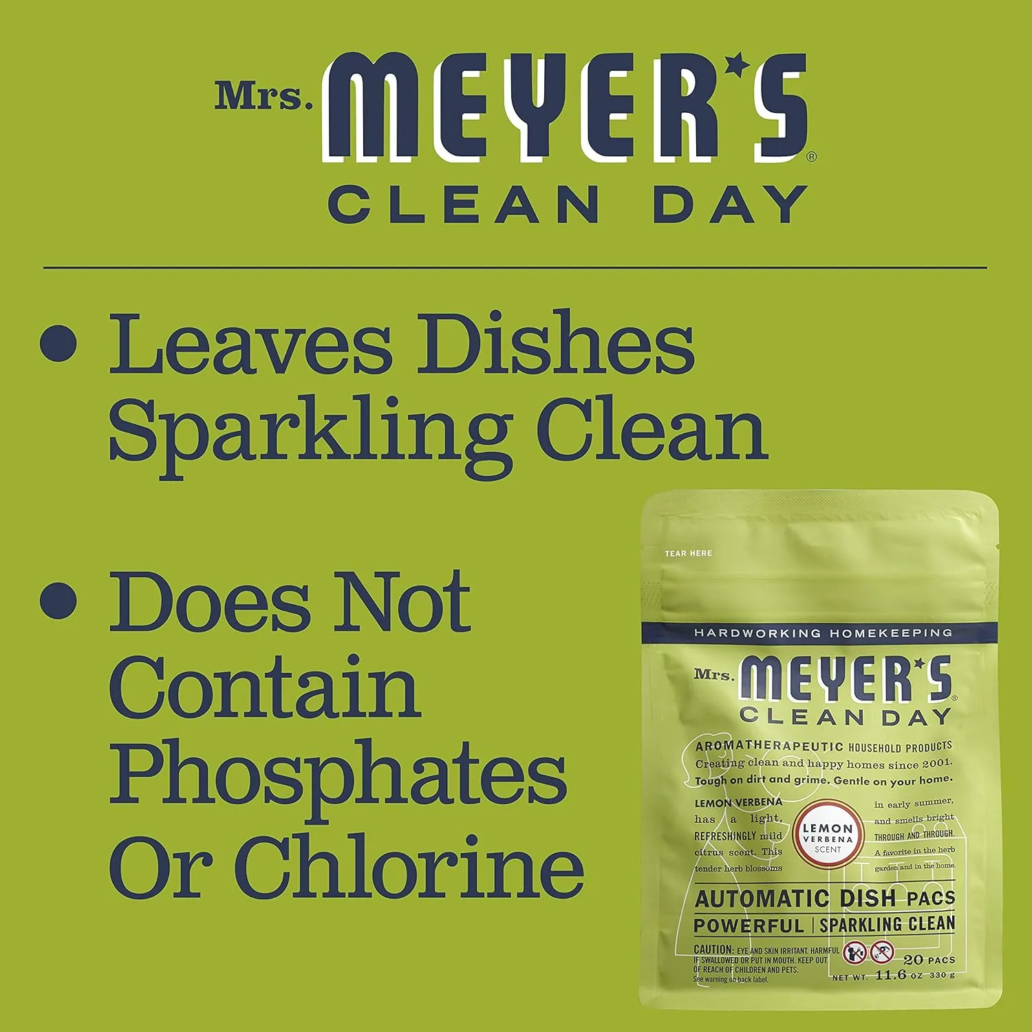 MRS. MEYER'S CLEAN DAY Automatic Dishwasher Pods, Lemon Verbena, 20 Count - Pack of 3 (60 Total Pods)