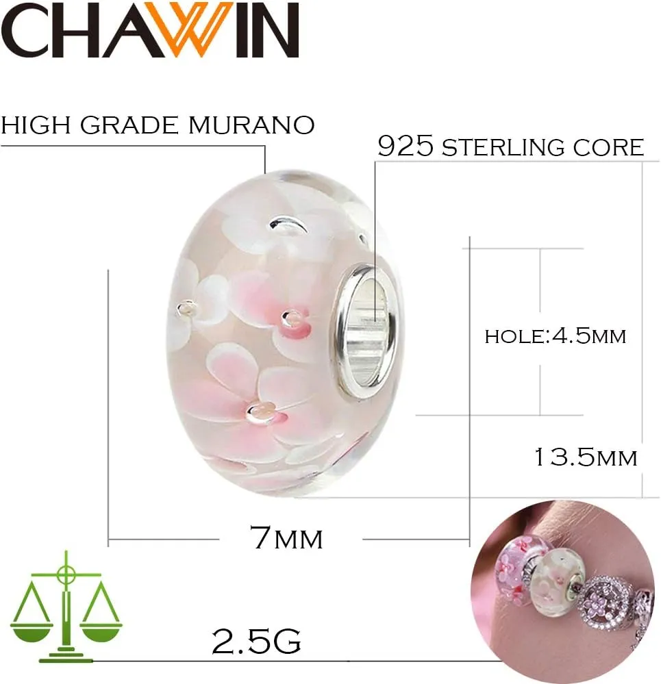 Murano Glass Charms Authentic 925 Sterling Silver Charms Core Red Flower Pink Love Heart White Yellow Glass Beads fit Pandora Style Bracelet for Women Wife Anniversary DIY Gift