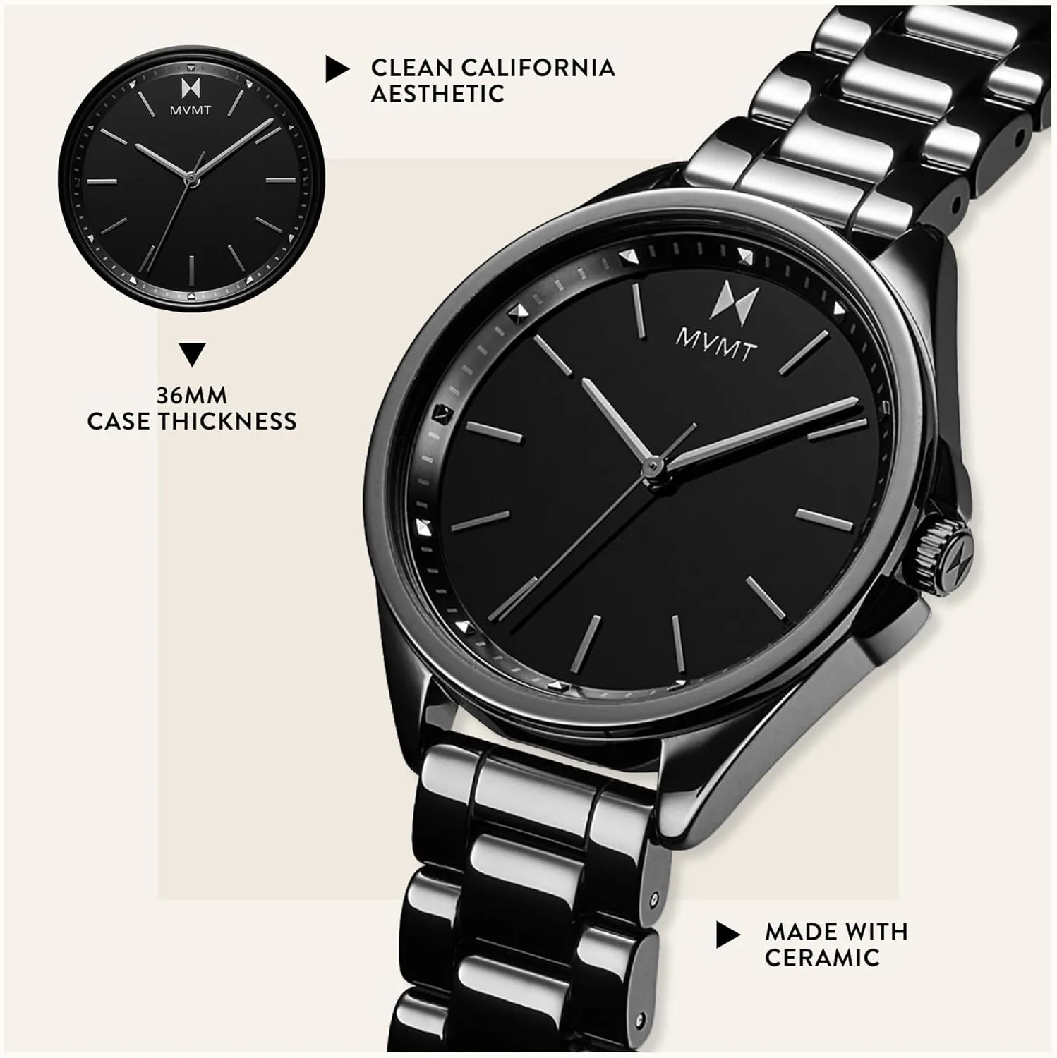 MVMT Coronada Ceramic Women’s Wristwatch - Analog Watch for Women - Water-Resistant 3 ATM/30 Meters Minimalist Women’s Watch - Small, Metal Watch with Interchangeable Bands - 36mm
