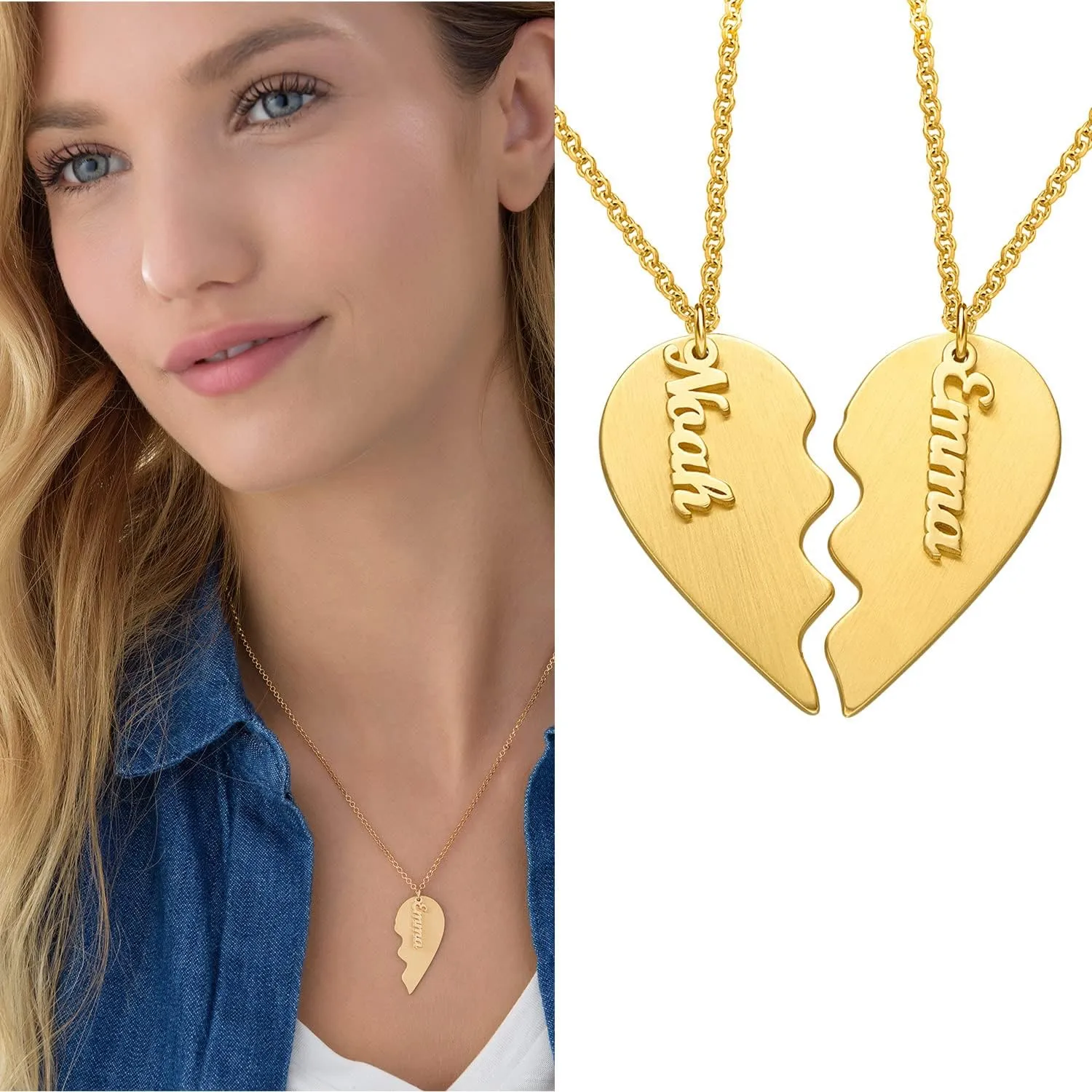 MYKA - Personalized Unisex Broken Heart Necklace with Dangling Name Charms - For Him, Men or Her, Woman - Custom Couples Jewelry For Valentine's Day, Anniversary, Love Day, Xmas, Christmas, Mother's Day