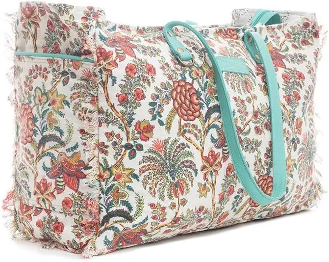 Myra Bag Western Leather Weekender Bag for Women - Upcycled Canvas Shoulder Handbag