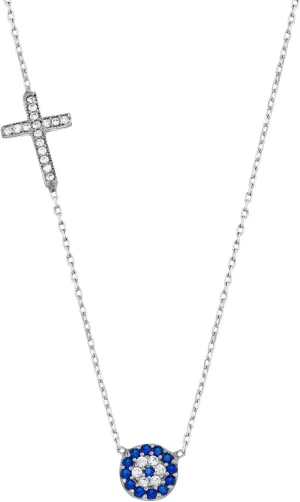 MYSTIC JEWELS By Dalia - 925 Sterling Silver CZ Evil Eye Cross Necklace, 16   2 inches