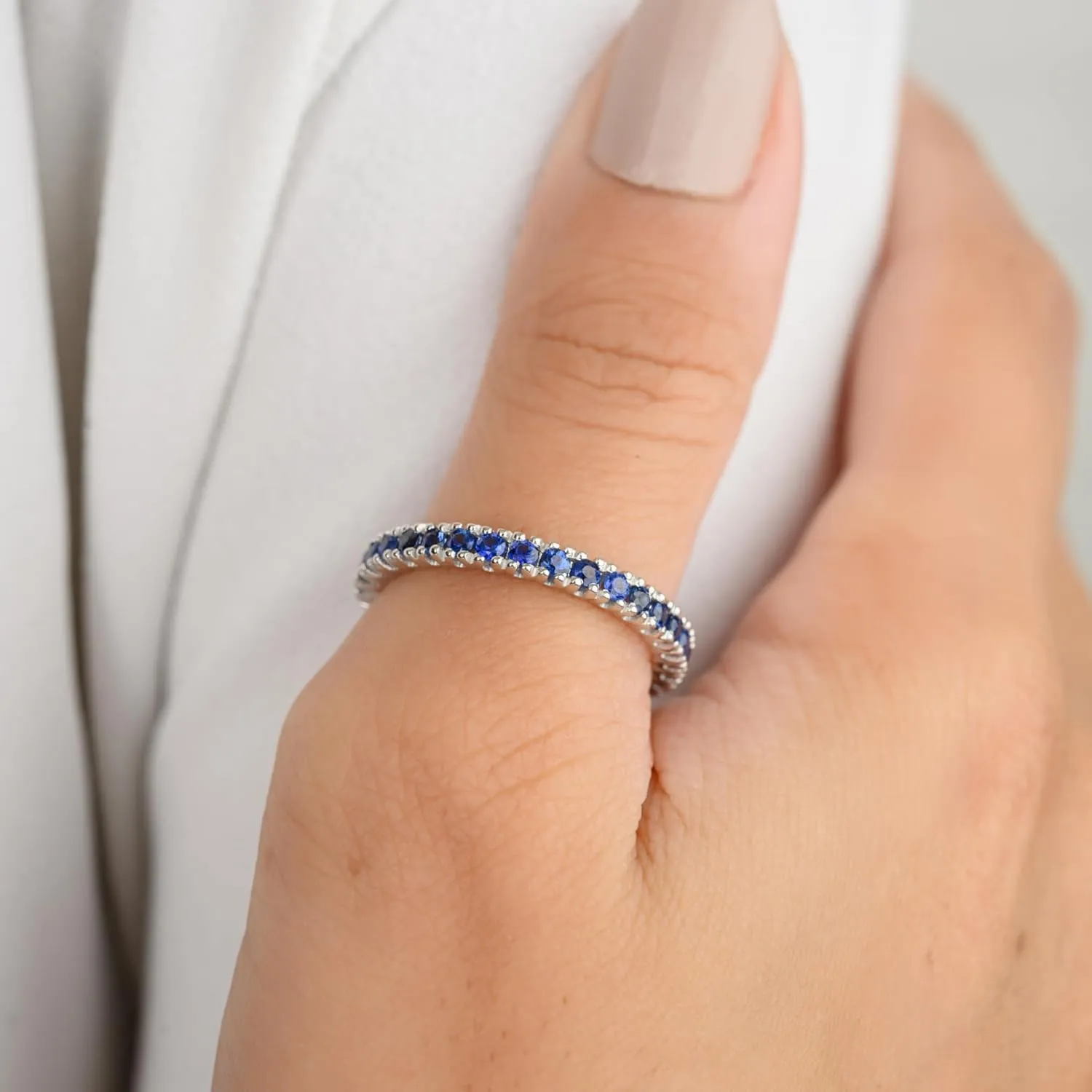 Natural Blue Sapphire Eternity Ring for Women in 18K White Gold, September Birthstone Jewellery Gift for Her, Birthday, Engagement, Wedding, Anniversary