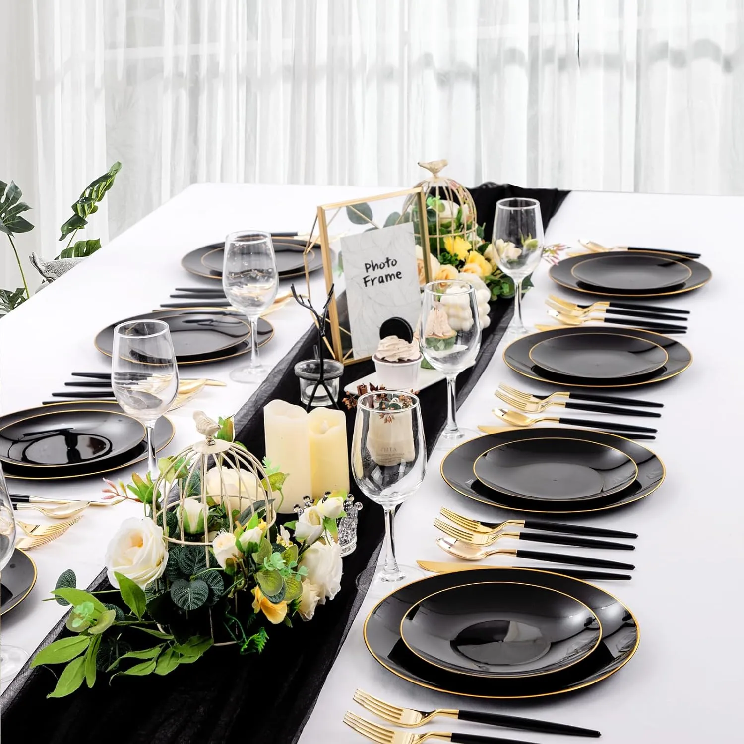 Nervure 100PCS Black and Gold Plastic Plates - 10.25 inch Black Disposable Plates - Gold Rim Dinner Plate - Black Dinner Plate Ideal for Wedding & Father's Day & New Year