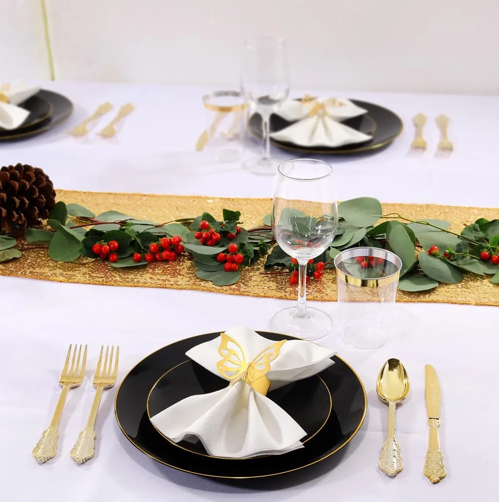 Nervure 100PCS Black and Gold Plastic Plates - 10.25 inch Black Disposable Plates - Gold Rim Dinner Plate - Black Dinner Plate Ideal for Wedding & Father's Day & New Year