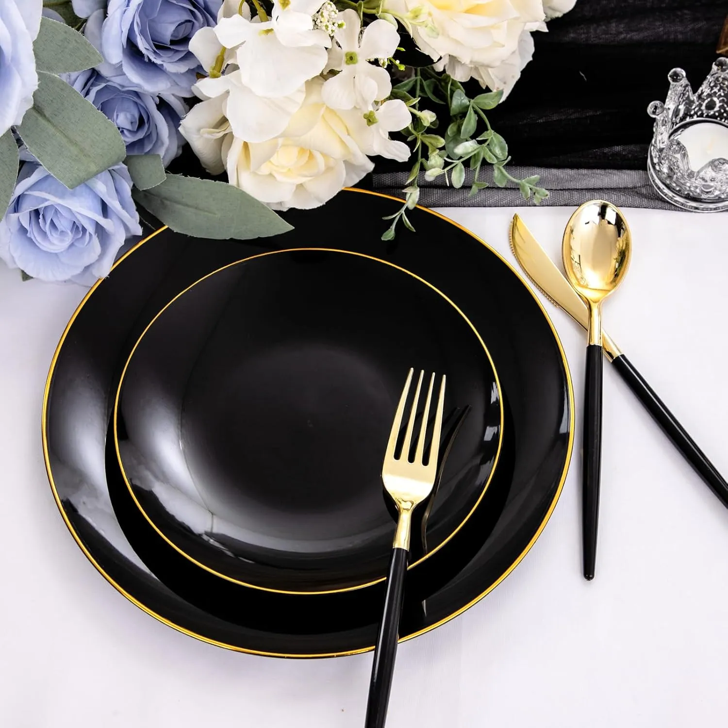 Nervure 100PCS Black and Gold Plastic Plates - 10.25 inch Black Disposable Plates - Gold Rim Dinner Plate - Black Dinner Plate Ideal for Wedding & Father's Day & New Year