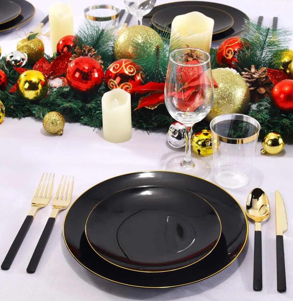 Nervure 100PCS Black and Gold Plastic Plates - 10.25 inch Black Disposable Plates - Gold Rim Dinner Plate - Black Dinner Plate Ideal for Wedding & Father's Day & New Year