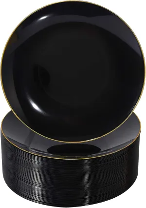 Nervure 100PCS Black and Gold Plastic Plates - 10.25 inch Black Disposable Plates - Gold Rim Dinner Plate - Black Dinner Plate Ideal for Wedding & Father's Day & New Year