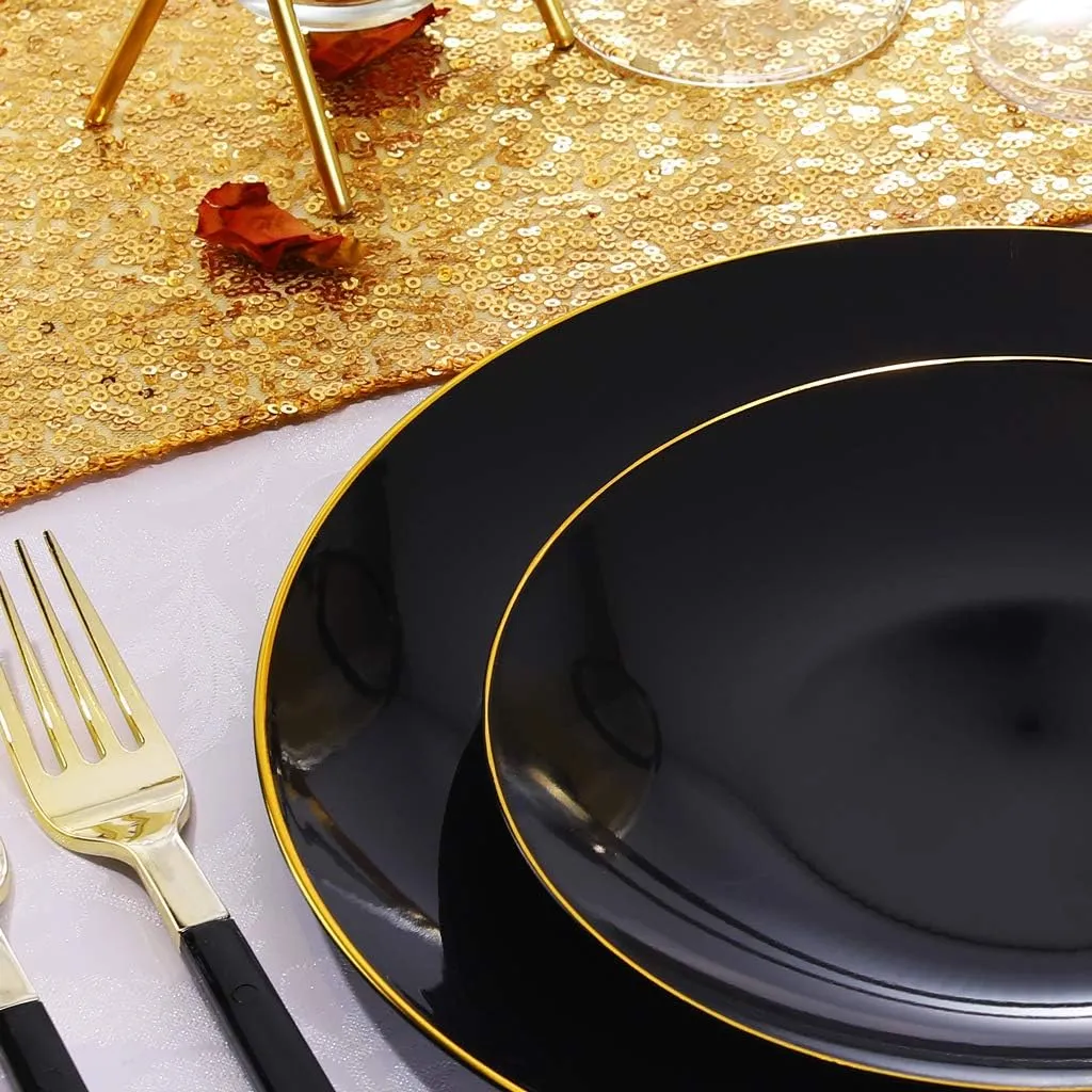 Nervure 100PCS Black and Gold Plastic Plates - 10.25 inch Black Disposable Plates - Gold Rim Dinner Plate - Black Dinner Plate Ideal for Wedding & Father's Day & New Year