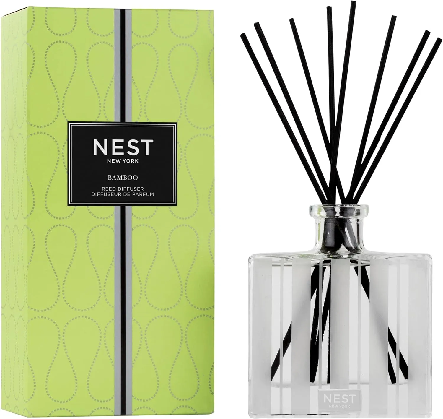 NEST New York Reed Diffuser, Bamboo - 5.9 fl oz - Fragrance for Up to 90 Days - Reusable, Refillable Glass Holder - Includes 8 All-Natural Reed Sticks - Flame Free
