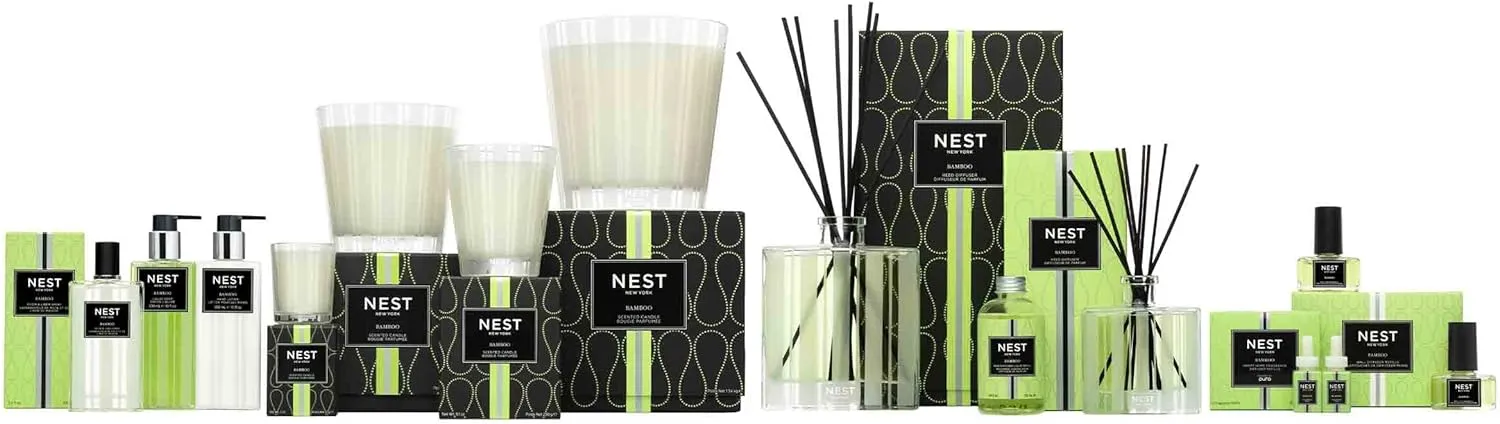 NEST New York Reed Diffuser, Bamboo - 5.9 fl oz - Fragrance for Up to 90 Days - Reusable, Refillable Glass Holder - Includes 8 All-Natural Reed Sticks - Flame Free