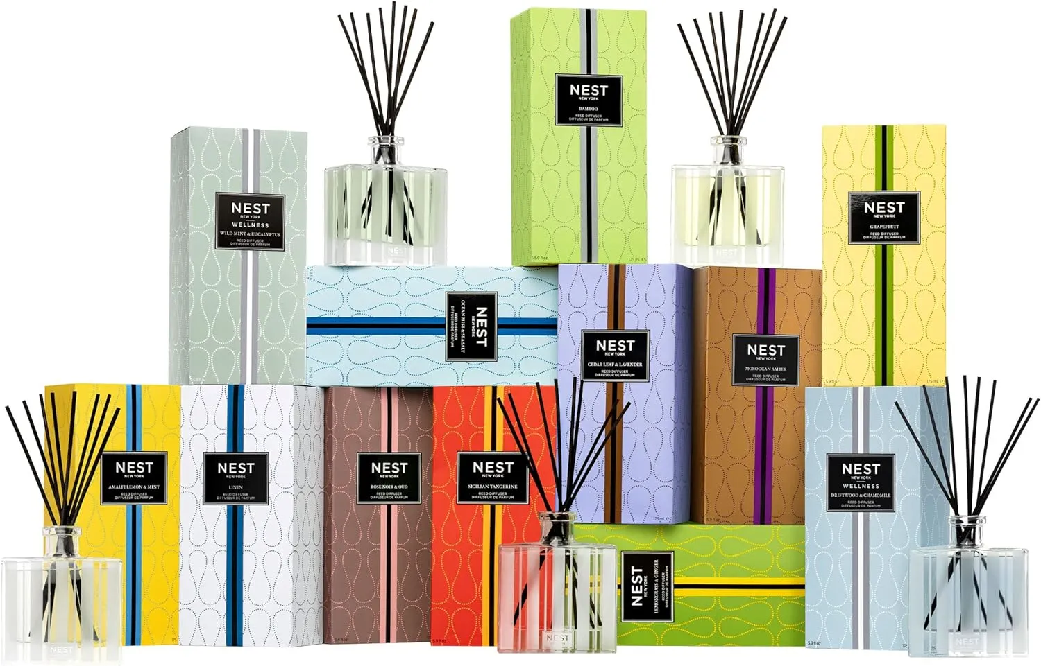 NEST New York Reed Diffuser, Bamboo - 5.9 fl oz - Fragrance for Up to 90 Days - Reusable, Refillable Glass Holder - Includes 8 All-Natural Reed Sticks - Flame Free