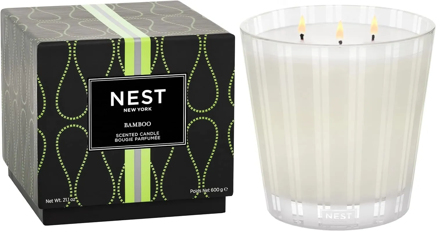 NEST New York Scented 3-Wick Candle, Bamboo - 21.2 oz - Up to 100-Hour Burn Time - Reusable Glass Vessel