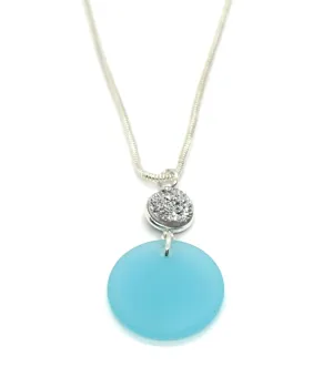 NEW! Beautiful Sea Foam BLUE Recycled Sea Glass and Sparkling Druzy Pendant Necklace on 20 inch Silver-filled Chain by Aimee Tresor Jewelry