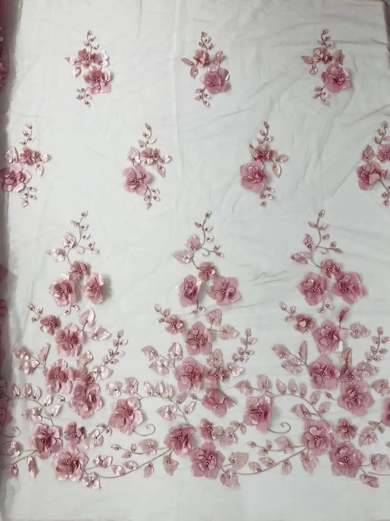 New Creations Fabric & Foam Inc, Orquidia 3D Floral Design Embroider with Pearls in a mesh lace Fabric-Dresses-Fashion-Decorations-Prom-Sold by The Yard. (Dusty Rose)