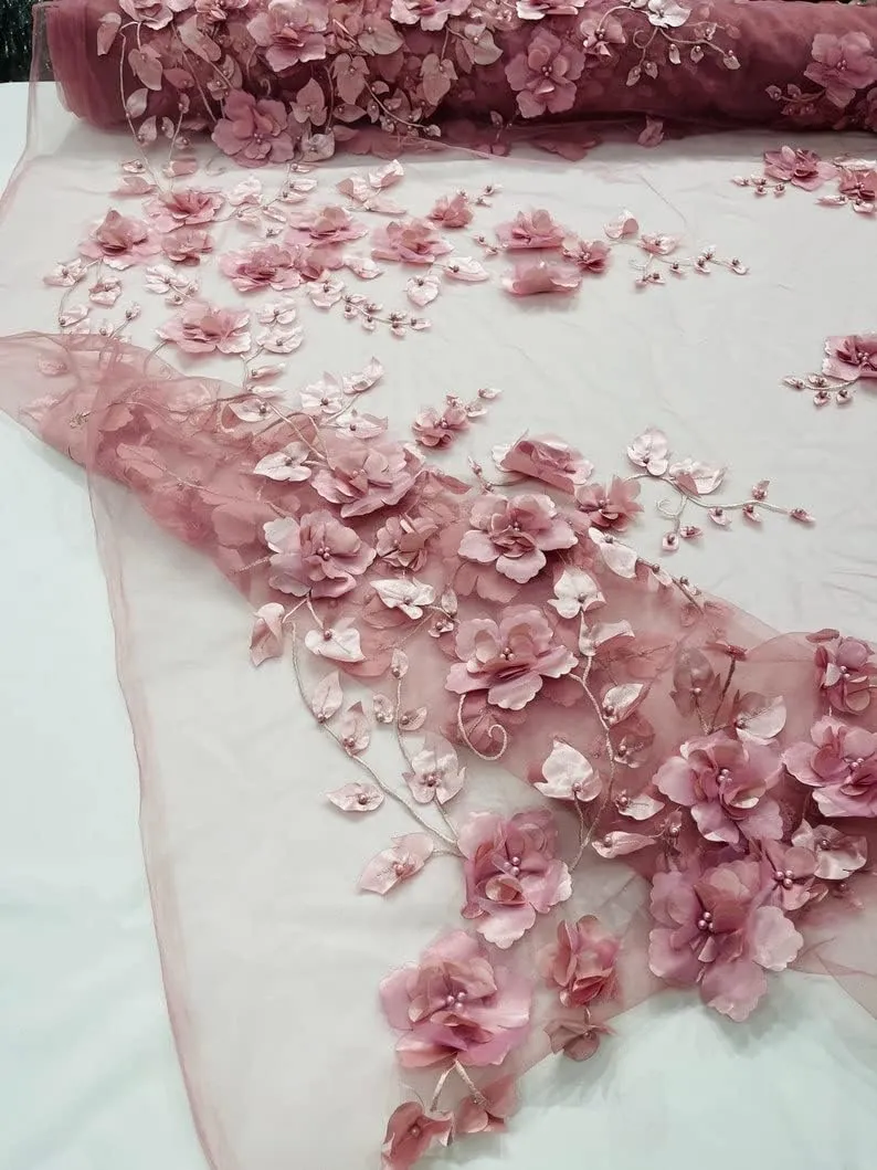 New Creations Fabric & Foam Inc, Orquidia 3D Floral Design Embroider with Pearls in a mesh lace Fabric-Dresses-Fashion-Decorations-Prom-Sold by The Yard. (Dusty Rose)