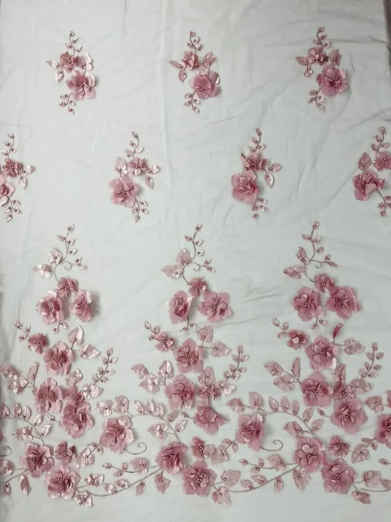 New Creations Fabric & Foam Inc, Orquidia 3D Floral Design Embroider with Pearls in a mesh lace Fabric-Dresses-Fashion-Decorations-Prom-Sold by The Yard. (Dusty Rose)