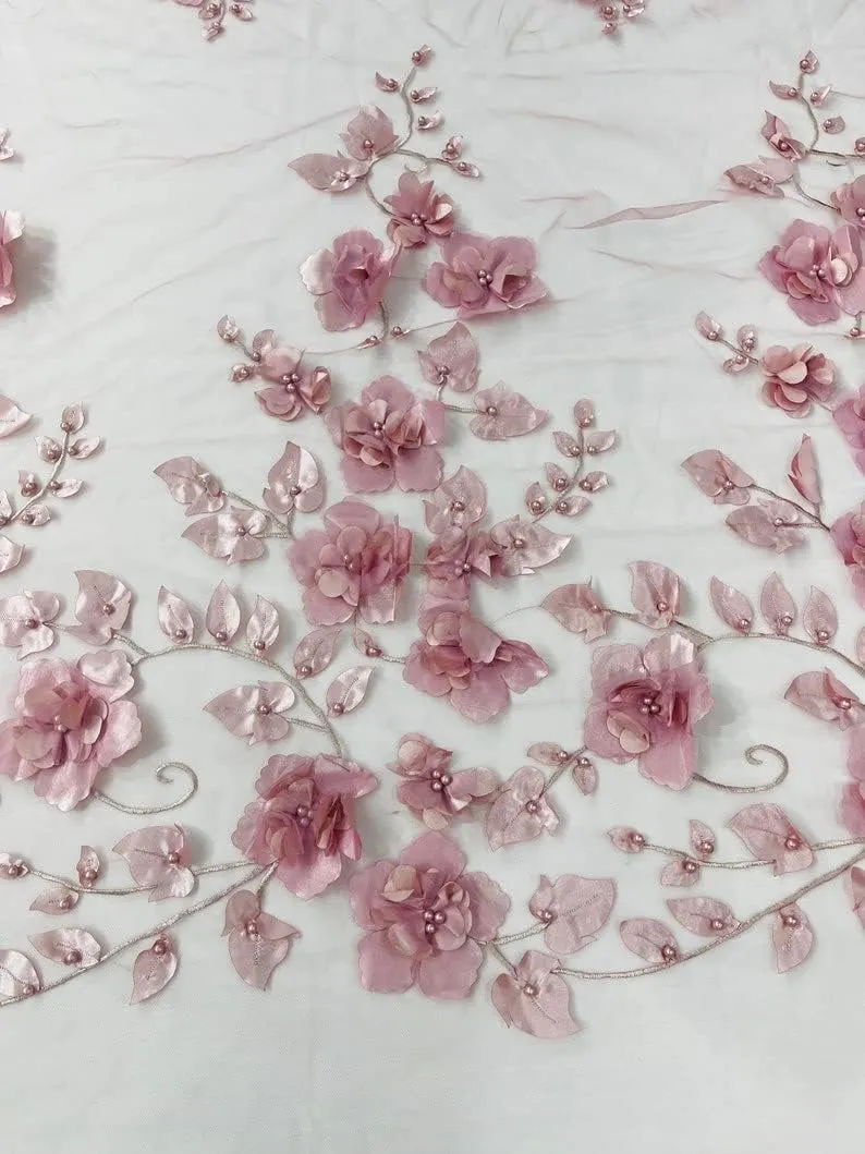 New Creations Fabric & Foam Inc, Orquidia 3D Floral Design Embroider with Pearls in a mesh lace Fabric-Dresses-Fashion-Decorations-Prom-Sold by The Yard. (Dusty Rose)