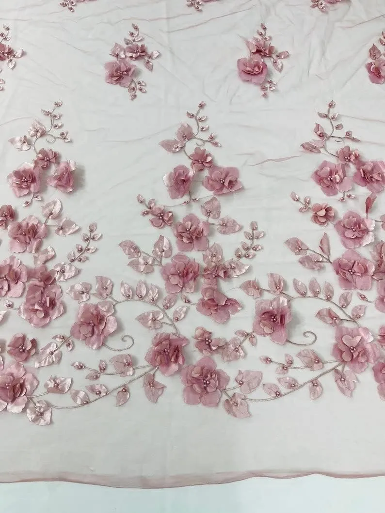 New Creations Fabric & Foam Inc, Orquidia 3D Floral Design Embroider with Pearls in a mesh lace Fabric-Dresses-Fashion-Decorations-Prom-Sold by The Yard. (Dusty Rose)