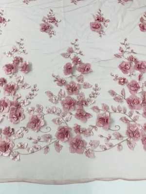 New Creations Fabric & Foam Inc, Orquidia 3D Floral Design Embroider with Pearls in a mesh lace Fabric-Dresses-Fashion-Decorations-Prom-Sold by The Yard. (Dusty Rose)
