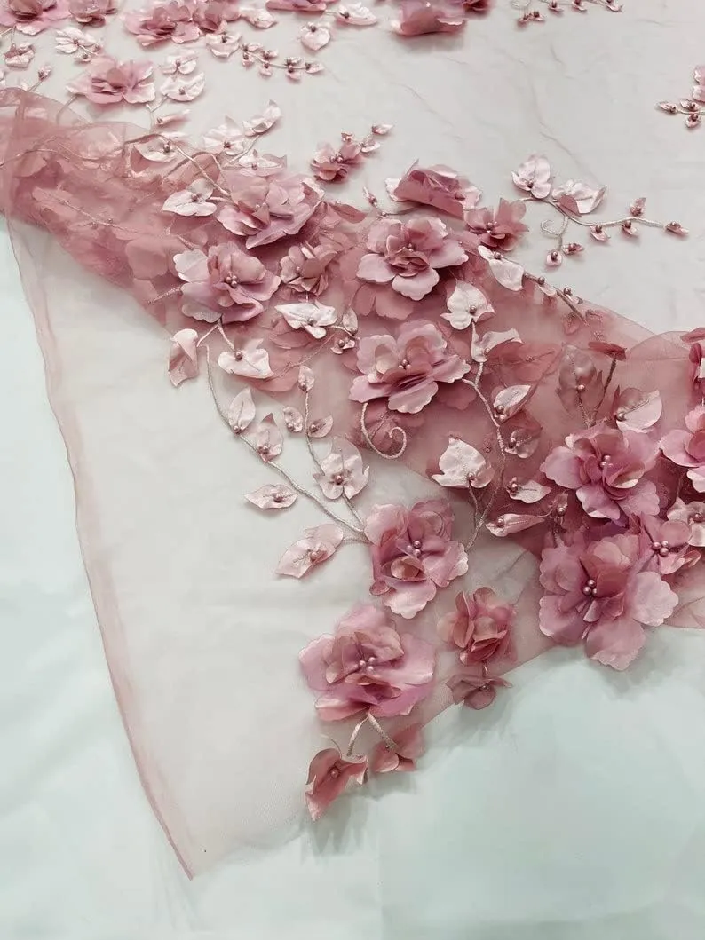 New Creations Fabric & Foam Inc, Orquidia 3D Floral Design Embroider with Pearls in a mesh lace Fabric-Dresses-Fashion-Decorations-Prom-Sold by The Yard. (Dusty Rose)