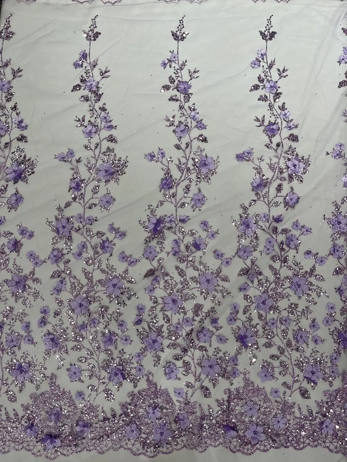 New Creations Fabric & Foam Inc, Princess Glitter 3D Floral Design Embroidery with Pearls in a mesh lace-Sold by The Yard. (Lavender)