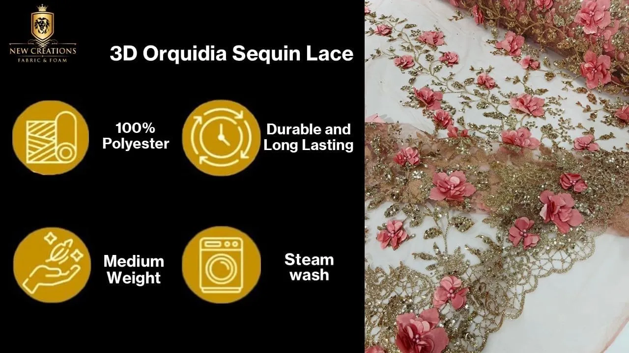 New Creations Fabric & Foam Inc, Princess Glitter 3D Floral Design Embroidery with Pearls in a mesh lace-Sold by The Yard. (Lavender)