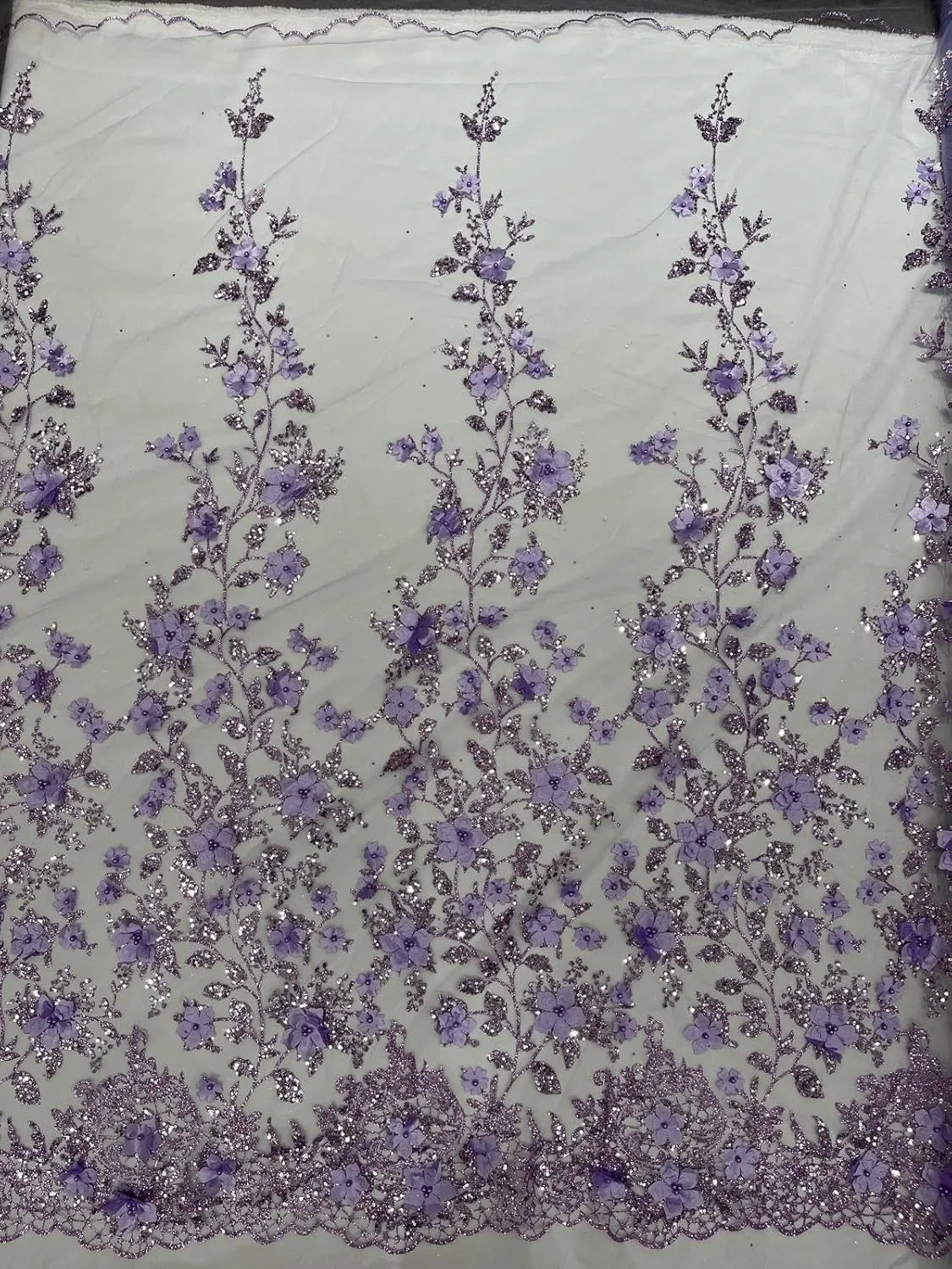 New Creations Fabric & Foam Inc, Princess Glitter 3D Floral Design Embroidery with Pearls in a mesh lace-Sold by The Yard. (Lavender)