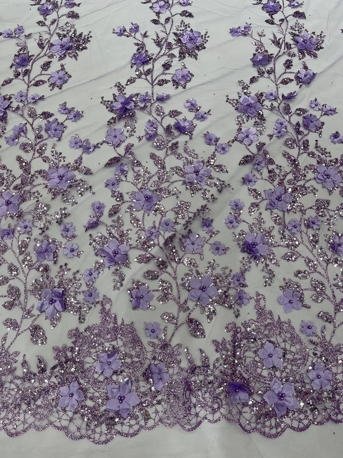 New Creations Fabric & Foam Inc, Princess Glitter 3D Floral Design Embroidery with Pearls in a mesh lace-Sold by The Yard. (Lavender)
