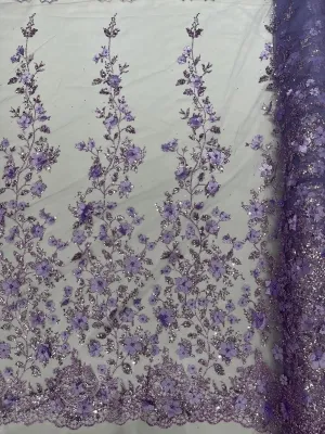 New Creations Fabric & Foam Inc, Princess Glitter 3D Floral Design Embroidery with Pearls in a mesh lace-Sold by The Yard. (Lavender)