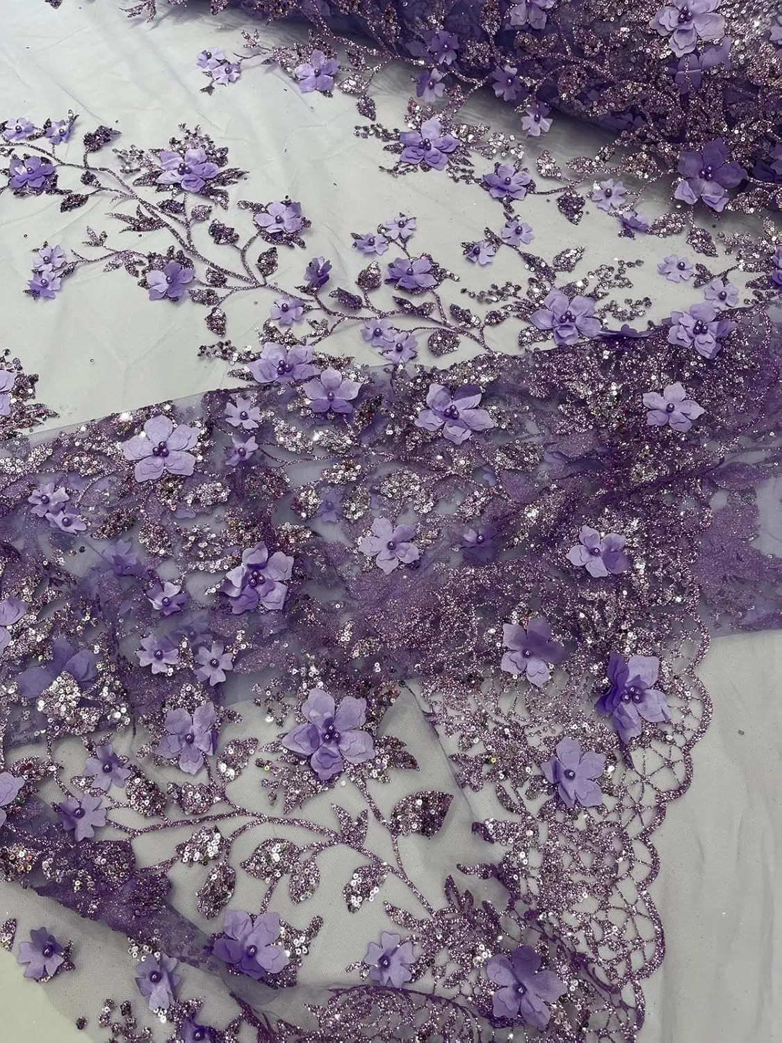 New Creations Fabric & Foam Inc, Princess Glitter 3D Floral Design Embroidery with Pearls in a mesh lace-Sold by The Yard. (Lavender)