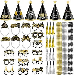 New Year Eve Party Supplies, Happy New Year Headband Tiara Gold Metallic Fringed Noise Makers Hat New Year Bead Necklace and Fancy New Year Party Glasses Photo Props for New Years Eve Party Favors
