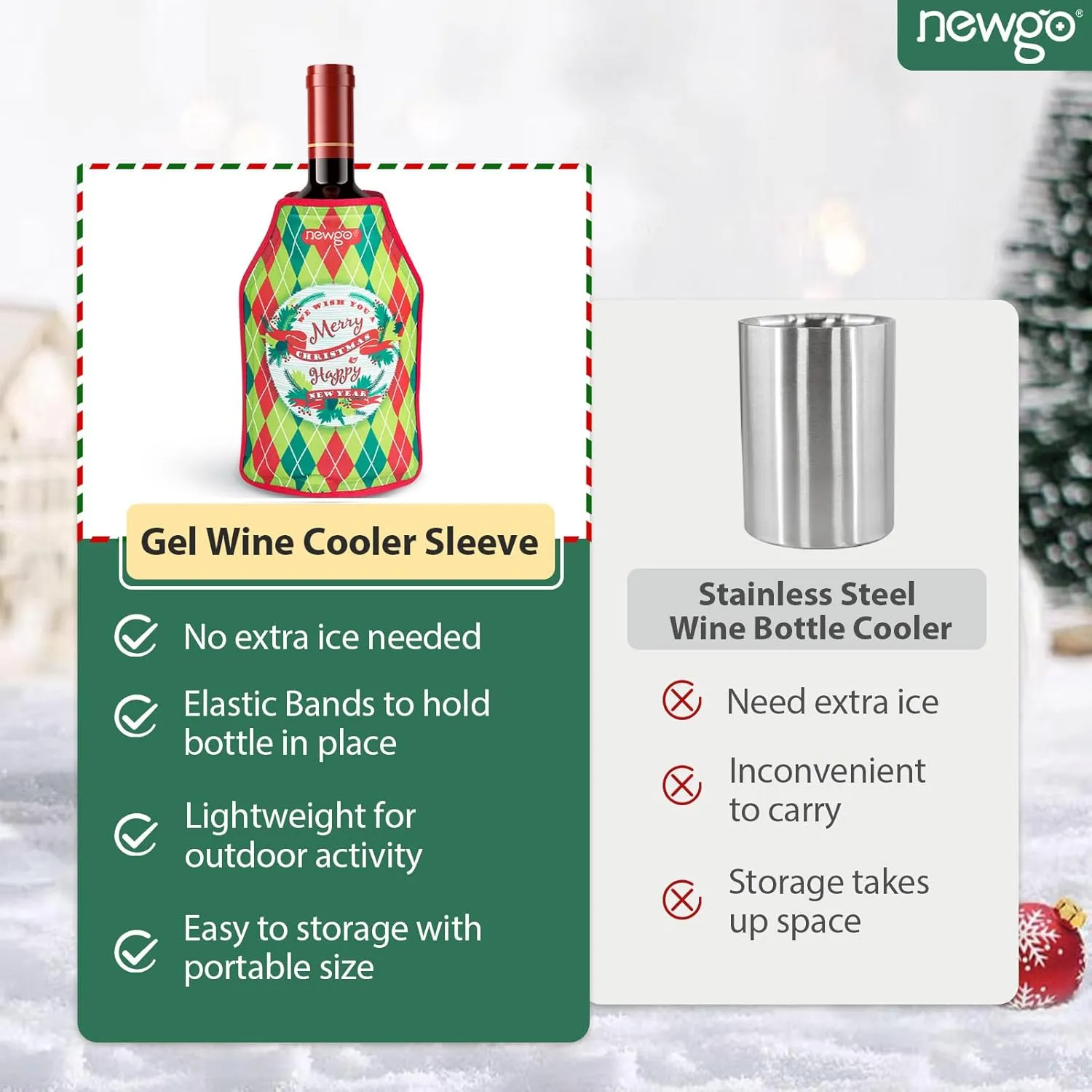 NEWGO Wine Cooler Sleeve Ice Pack Keep Wine Cool and Refreshing for Red Wine, White Wine & Champagne - Green Ornaments